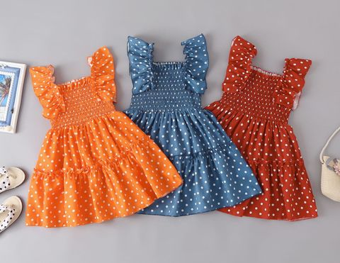 Fashion Round Dots Solid Color Patchwork 100% Cotton Girls Dresses