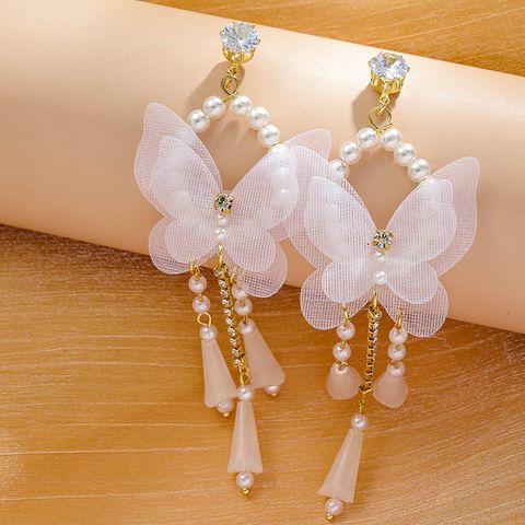 1 Pair Fashion Butterfly Imitation Pearl Alloy Rhinestone Women's Chandelier Earrings