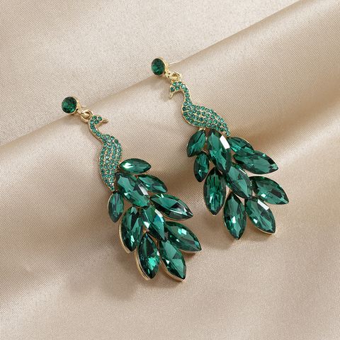 1 Pair Fashion Peacock Inlay Alloy Artificial Gemstones Drop Earrings