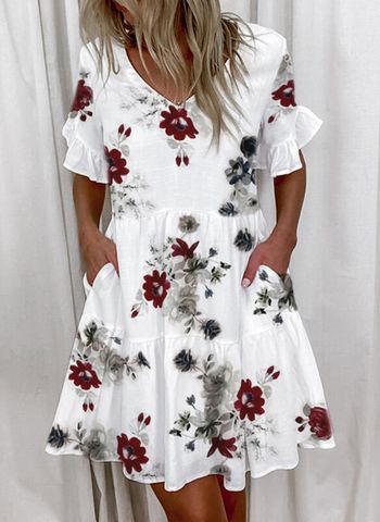Women's Regular Dress Casual V Neck Printing Short Sleeve Ditsy Floral Color Block Leaves Knee-length Daily