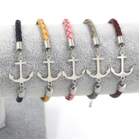 Fashion Anchor Stainless Steel Leather Patchwork Braid Bracelets