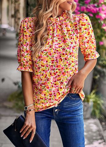 Women's Blouse Half Sleeve Blouses Patchwork Fashion Flower