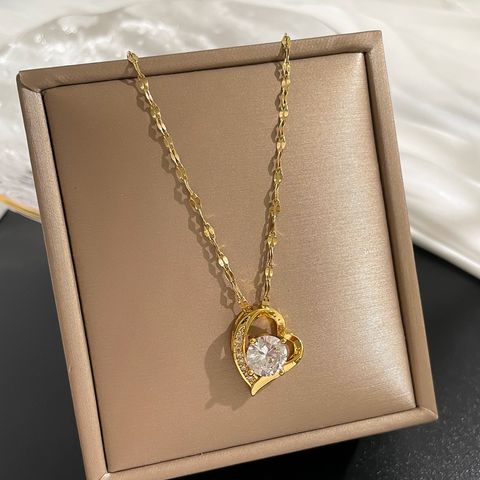 Fashion Heart Shape Titanium Steel Copper Chain Inlay Artificial Diamond Pendant Necklace