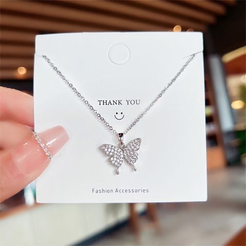 Fashion Butterfly Titanium Steel Inlay Inlaid Gold Artificial Gemstones Pendant Necklace 1 Piece