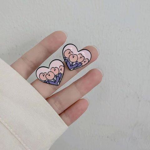 1 Pair Cute Heart Shape Flower Metal Enamel Women's Ear Studs