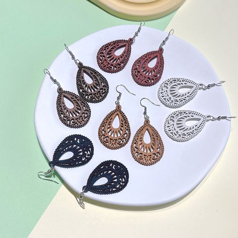 1 Pair Fashion Water Droplets Wood Carving Women's Drop Earrings