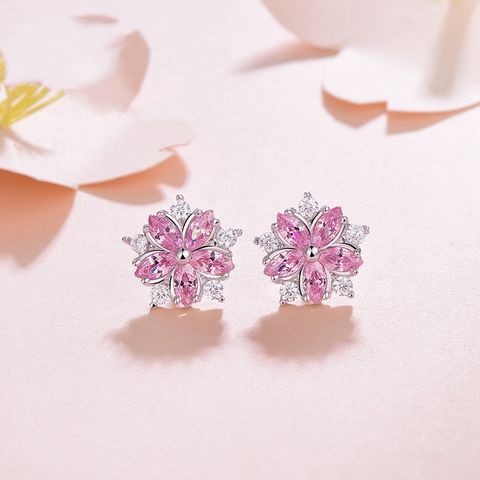 Sweet Flower Copper Inlay Zircon Women's Ear Studs