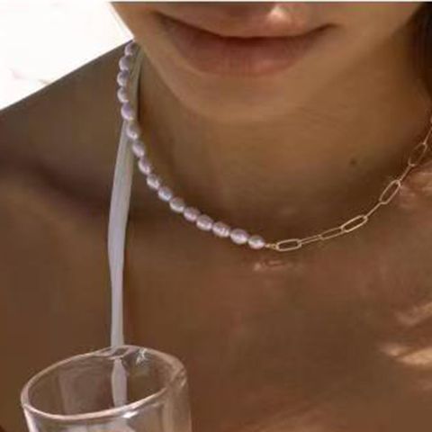 Collar De Moda Con Diseño Geométrico De Perla Artificial De Titanio Y Acero Para Mujer