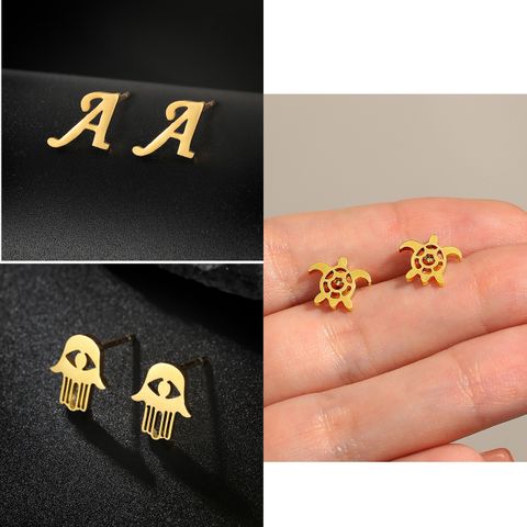 1 Pair Fashion Tortoise Letter Hand Of Fatima Plating Hollow Out Stainless Steel 18k Gold Plated Ear Studs