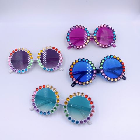 Fashion Solid Color Ac Round Frame Diamond Full Frame Kids Sunglasses