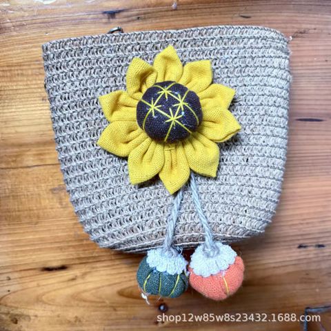 Kid's Straw Flower Cute Weave Round Zipper Crossbody Bag