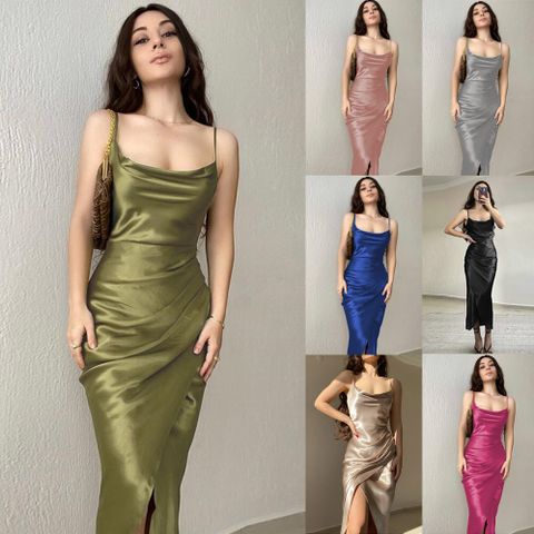 Women's Strap Dress Sexy Strap Slit Wrap Pleated Sleeveless Solid Color Midi Dress Evening Party Date Selfie