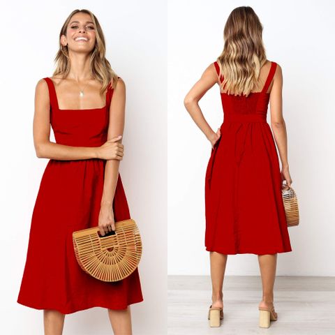 Women's A-line Skirt Fashion Square Neck Patchwork Backless Sleeveless Solid Color Midi Dress Daily