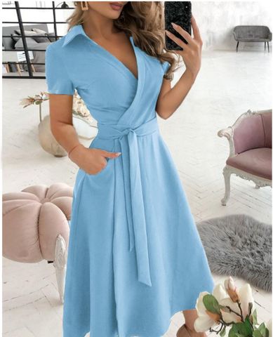 Women's A-line Skirt Fashion V Neck Patchwork Short Sleeve Polka Dots Solid Color Midi Dress Daily