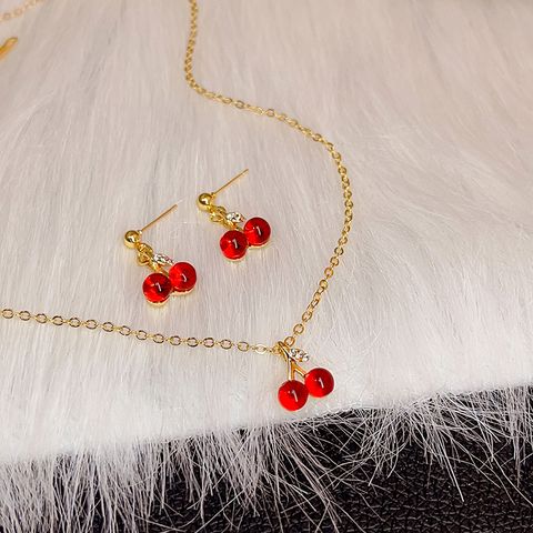 1 Set Sweet Cherry Alloy Women's Earrings Necklace