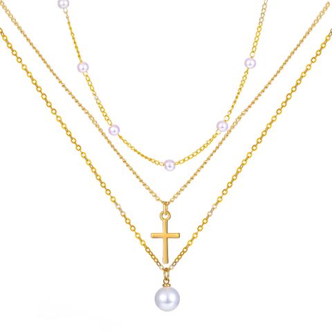 Retro Cross Palm Butterfly Alloy Inlay Artificial Pearls Rhinestones 14k Gold Plated Women's Layered Necklaces