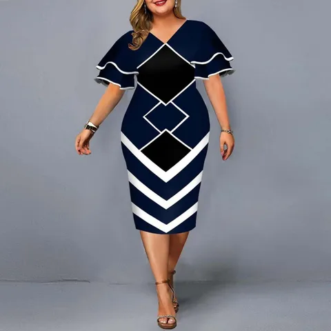 Hip Skirt Fashion V Neck Patchwork Long Sleeve Geometric Midi Dress Daily