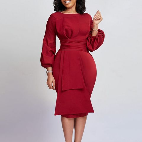 Women's Sheath Dress Fashion Round Neck Pleated Long Sleeve Solid Color Maxi Long Dress Daily