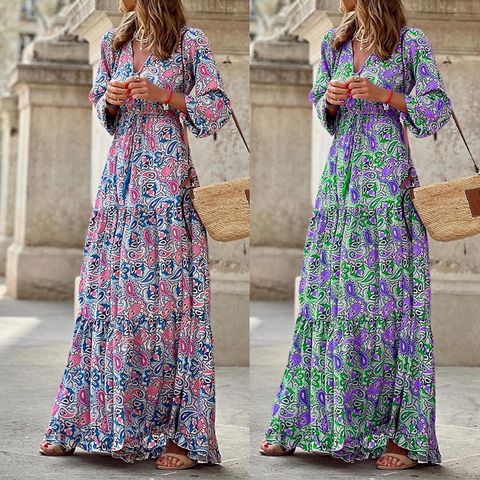 Women's Regular Dress Vintage Style Bohemian V Neck Printing Long Sleeve Printing Maxi Long Dress Daily