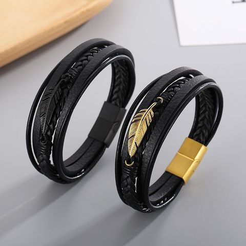 1 Piece Fashion Feather Stainless Steel Leather Patchwork Men's Bangle