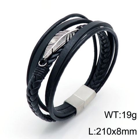 1 Piece Fashion Feather Stainless Steel Leather Patchwork Men's Bangle