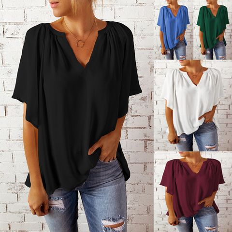 Women's Chiffon Shirt Half Sleeve Blouses Patchwork Casual Solid Color
