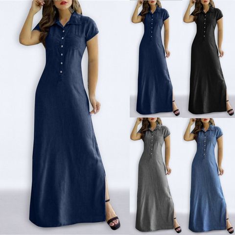 Women's Denim Dress Casual Turndown Patchwork Short Sleeve Solid Color Maxi Long Dress Daily