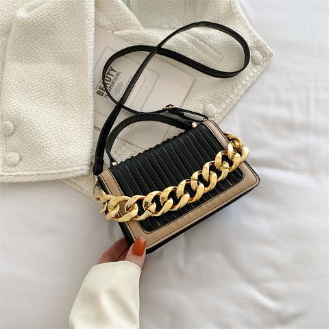 Women's Small All Seasons Pu Leather Color Block Basic Chain Square Lock Clasp Handbag