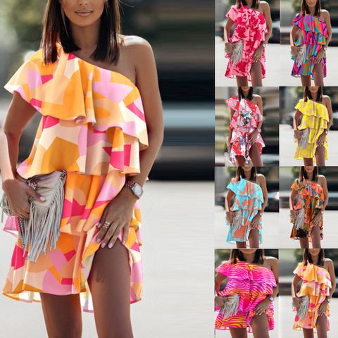 Fashion Color Block Flower Off Shoulder Sleeveless Printing Ruffles Polyester Knee-length Regular Dress