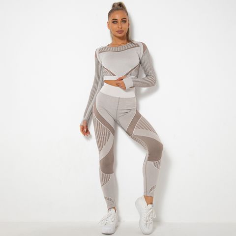 Sports Solid Color Nylon Round Neck Tracksuit T-shirt Leggings