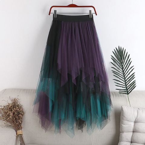 Summer Spring Simple Style Color Block Polyester Midi Dress Skirts