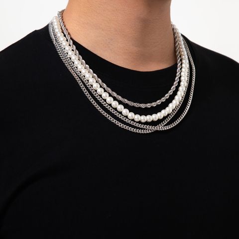 Hip Hop Runden Künstliche Perle Eisen Überzug Männer Geschichtete Halskette
