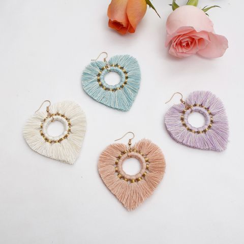 1 Pair Fashion Heart Shape Cloth Handmade Tassel Women's Drop Earrings