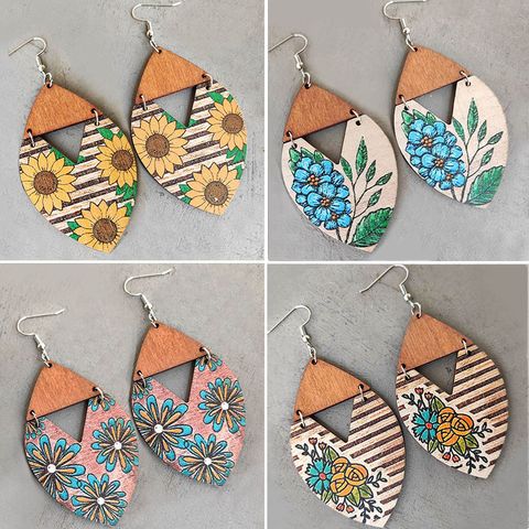 1 Pair Bohemian Splicing Flower Wood Hollow Out Women's Drop Earrings