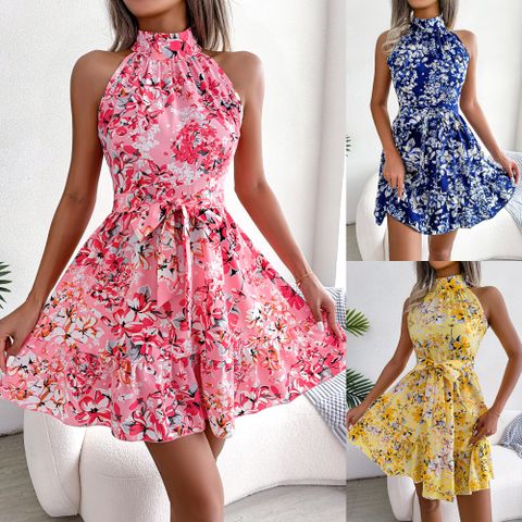 Casual Ditsy Floral High Neck Sleeveless Belt Polyester Chiffon Above Knee A-line Skirt