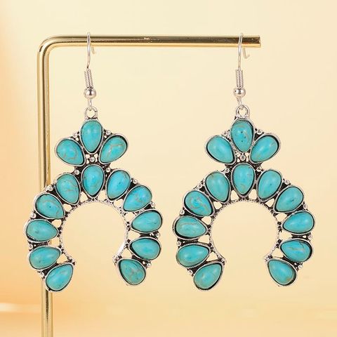 1 Pair Retro Geometric Water Droplets Hollow Out Alloy Turquoise Chandelier Earrings