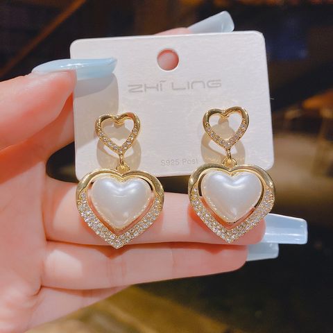 Wholesale Jewelry 1 Pair Elegant Round Square Heart Shape Metal Artificial Rhinestones Artificial Pearls Drop Earrings