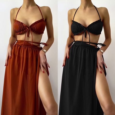 Women's Fashion Solid Color Polyester Bikinis 3 Piece Set