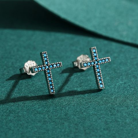 Simple Style Cross Sterling Silver Inlay Turquoise Ear Studs 1 Pair