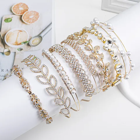 Fashion Leaf Square Metal Inlay Rhinestones Pearl Hair Band 1 Piece