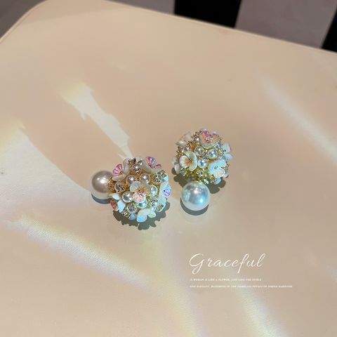 1 Pair Sweet Flower Alloy Plating Artificial Pearls Zircon Women's Ear Studs