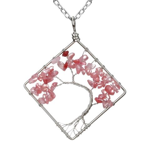 Fashion Square Tree Natural Stone Crystal Metal Beaded Hollow Out Pendant Necklace 1 Piece