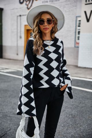Women's Sweater Long Sleeve Sweaters & Cardigans Contrast Binding Fashion Color Block