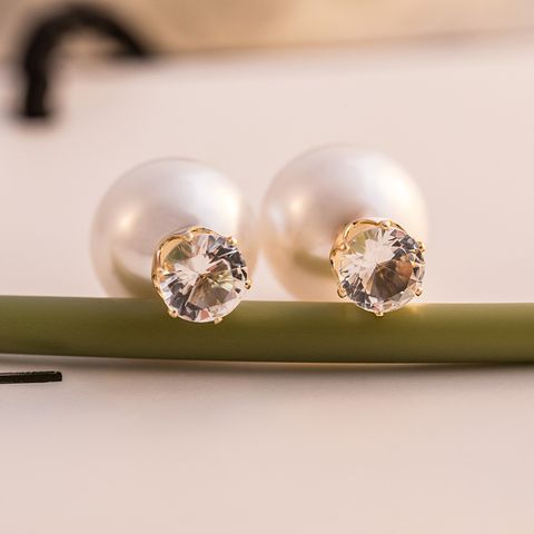 1 Pair Fashion Round Artificial Pearl Inlay Zircon Women's Ear Studs