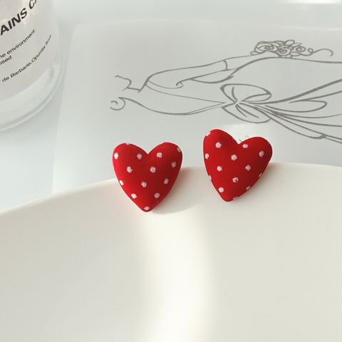 1 Pair Sweet Plaid Polka Dots Heart Shape Cloth Resin Ear Studs
