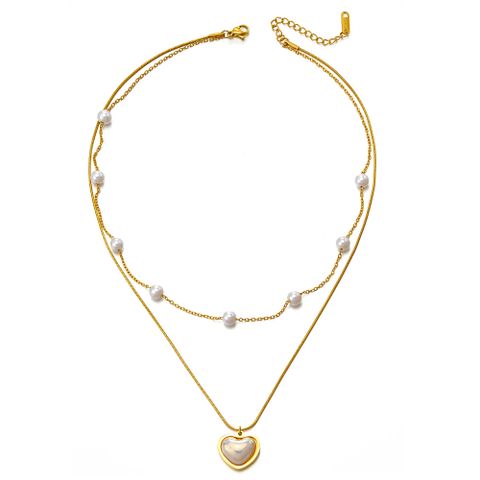 Fashion Heart Shape Stainless Steel Inlay Artificial Pearls Necklace