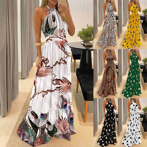 Women's Boho Dress Bohemian Halter Neck Printing Sleeveless Polka Dots Leopard Maxi Long Dress Holiday