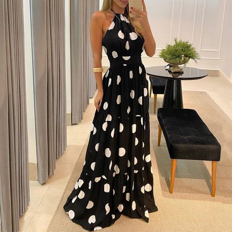 Women's Boho Dress Bohemian Halter Neck Printing Sleeveless Polka Dots Leopard Maxi Long Dress Holiday