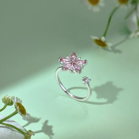 Korean Style Flower Sterling Silver Plating Inlay Zircon Open Rings