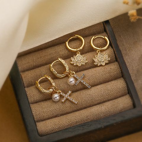 1 Pair Elegant Lady Simple Style Cross Lotus Plating Inlay Copper Zircon 18k Gold Plated Drop Earrings